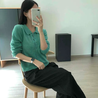 Open Collar Button Loose Fit Knit Cardigan
