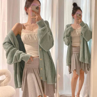 Mohair Angora V-Neck Loose Fit Button Knit Cardigan