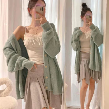 Mohair Angora V-Neck Loose Fit Button Knit Cardigan