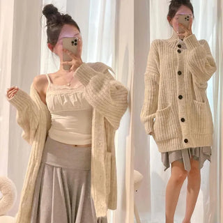 Alpaca Wool Ribbed Collared Button Oversized Avant-Garden Cardigan
