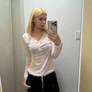 V-Neck Snap Button See-through Slim Fit Long Sleeve T-shirt