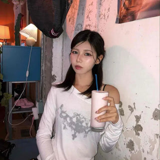 One-Off Shoulder Boat Neck Cross Chain Print Delicate Fit Long Sleeve T-Shirt