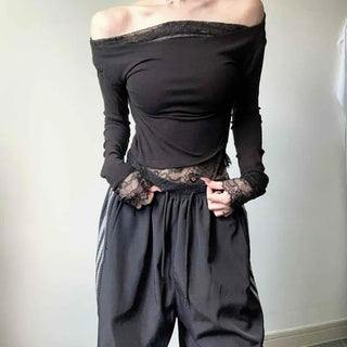 Off-shoulder Lace Shirred Drape Asymmetrical Layered Slim Fit Crop Long Sleeve T-shirt