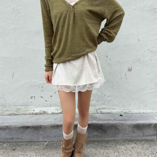 Angora Mohair Wool Deep V-Neck Button Loose Fit Crop Knit