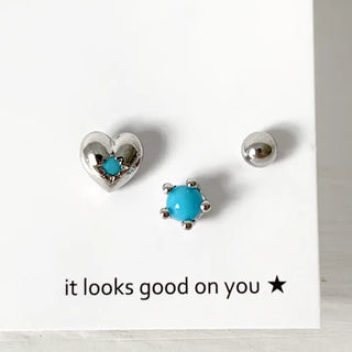 (Set) Blue Point Heart Piercing Set Turquoise Gemstone Turquoise Basic Barbell Surgical Steel 8mm Earrings Labret Bar