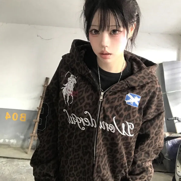 Bianca Hip Girl Leopard Oversized Zip-up Hoodie * Ships Today