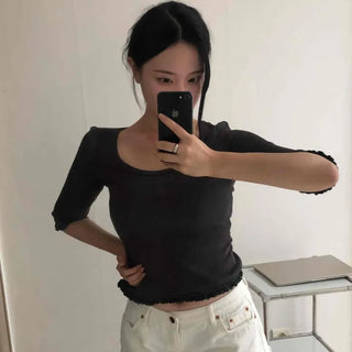 Shirred 3/4 Sleeve Slim Fit Crop Short Sleeve Tee