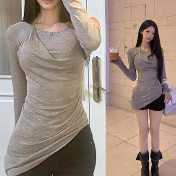 One-Off Shoulder Shirred Slim Fit Long Sleeve T-Shirt