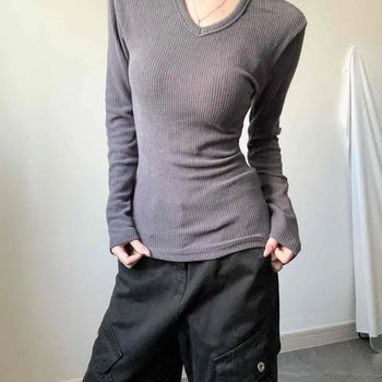 Angora Alpaca Wool Ribbed V-Neck Delicate Fit Long Sleeve Inner Knit