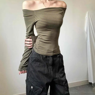 Striped Off-Shoulder Slim Fit Long Sleeve T-Shirt