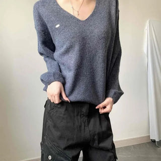 Wool V-Neck Pendant Puff Sleeve Loose Fit Knit