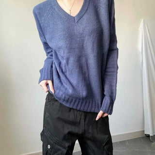 Raglan V-neck Loose Fit Delicate Fit Cable Knit Rib Knit