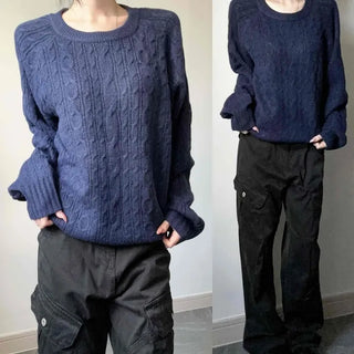 Cable Knit Raglan Round Neck Loose Fit Thick Wool Long Sleeve Knit