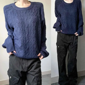 Cable Knit Raglan Round Neck Loose Fit Thick Wool Long Sleeve Knit