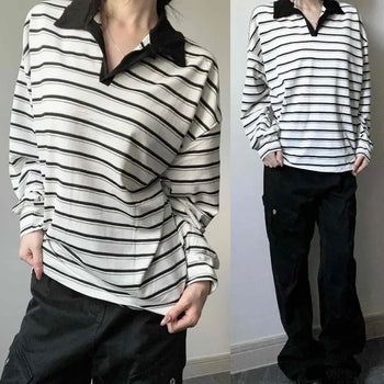 Collar Contrast Striped Oversized Long-Sleeve T-Shirt