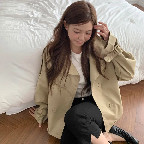 ◈Fit Guaranteed◈ High-neck Double Trench Jacket Field Jacket Oversized Beige Autumn Pintuck Elastic Waist Avant-garde Fit Outer