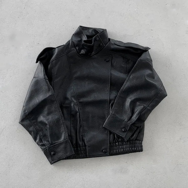 ◈High-Quality Leather◈ High-Neck Leather Jacket Leather Oversized Rider Blouson Vintage Loose Fit Autumn/Winter Outerwear