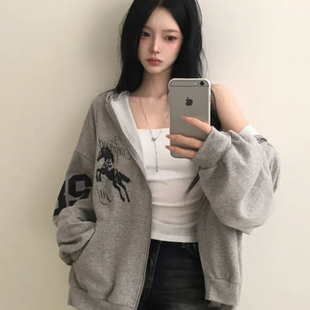Effortlessly chic, American vintage Stars and Stripes Horse Number Lettering Print Boxy Oversized Zip-up Hoodie