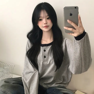 Effortlessly chic, Color Block Button Henley Neck Raglan Avant-garde Boxy Loose Fit Sweatshirt