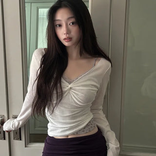 Rose Twist V-Neck Long Sleeve T-Shirt