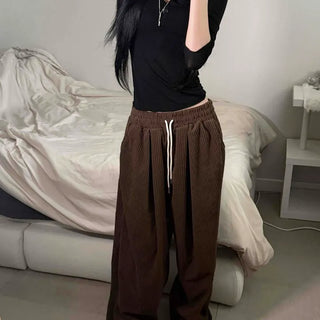 Corduroy Double Pintuck String Leather Patch Hip Pocket Wide Long Pants