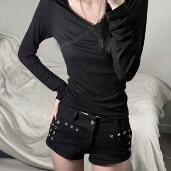 Ribbed Lace Wrap-Style V-Neck Shirred Slim Fit Long Sleeve T-Shirt