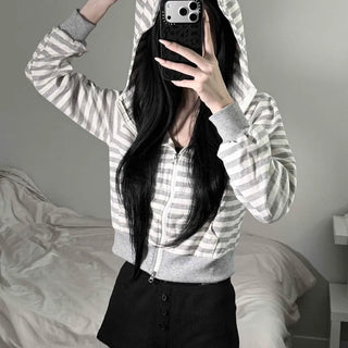 Cat Striped Two-Way Slim Crop Zip-Up Hoodie