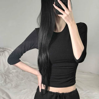 Wool Blend Square Shoulder Round Neck Slim Fit Cropped 3/4 Sleeve T-shirt