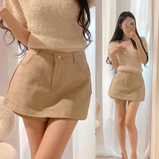 Cotton Button Skort High-Waisted A-Line Mini Skirt