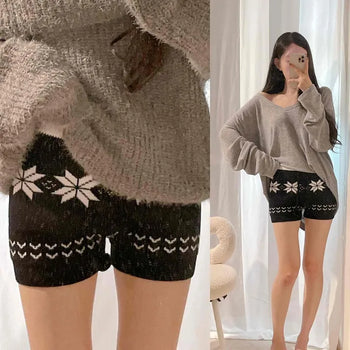 Knit Snowflake Elastic Waist Balloon Shorts Set