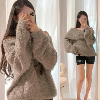 Angora Fur Pine Needle Off-Shoulder Loose Fit Knit