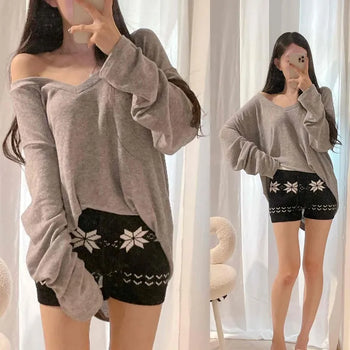 V-neck Angora Wool Oversized Long-sleeve T-shirt