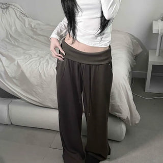 Studded Folding String Low-Rise Wide Sweatpants