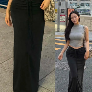 V-Shirring String Low-Rise Slim Layered Flowy Long Skirt