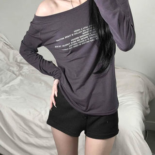Off-shoulder Boat Neck Lettering Print Slim Fit Long Sleeve T-shirt