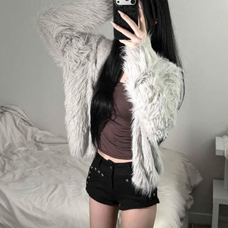 Hooded Fur Loose Fit Acrylic Nylon Cardigan Outerwear