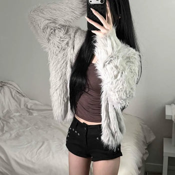 Hooded Fur Loose Fit Acrylic Nylon Cardigan Outerwear