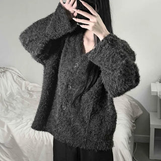 Loose Fit V-Neck Soft and Thick Fur Cardigan