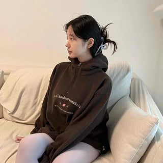 Fleece Half-Zip Embroidered Lettering Loose Fit Thick Drawstring Hoodie