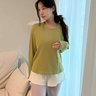 Waffle Loose Fit Round Neck Long Sleeve T-shirt