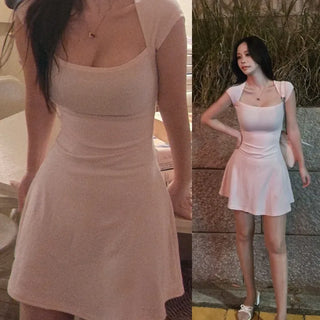 Square Neck Cap Sleeve Flare Slim Fit Cotton Rose Mini Dress