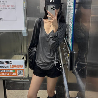 [Slim Fit Ver.] Plain Deep V-Neck Basic Long Sleeve Tee