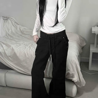 Loose Fit Low-Rise Elastic Denim Pocket Bootcut Long Pants