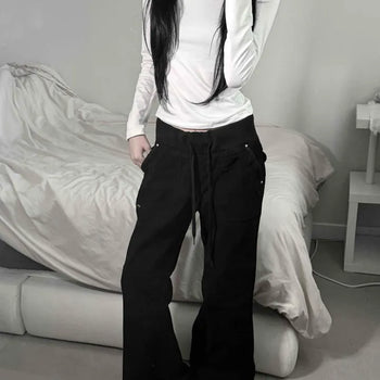 Loose Fit Low-Rise Elastic Denim Pocket Bootcut Long Pants