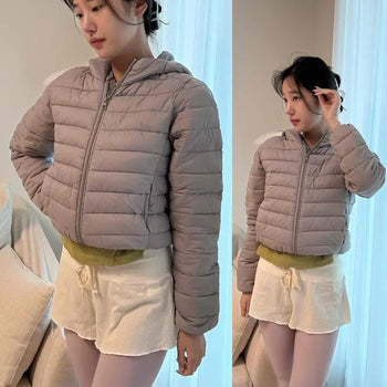 Diamond Quilted Hooded Lightweight Loose Fit Short Padded Jacket