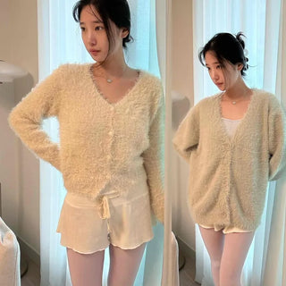 Angora Knit V-Neck Delicate Fit Crop Button Cardigan