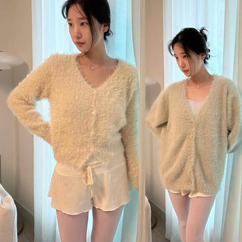 Angora Knit V-Neck Delicate Fit Crop Button Cardigan