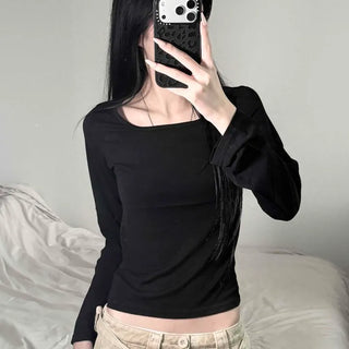 Glitter Rayon Square Neck Slim Fit Crop Long Sleeve T-shirt