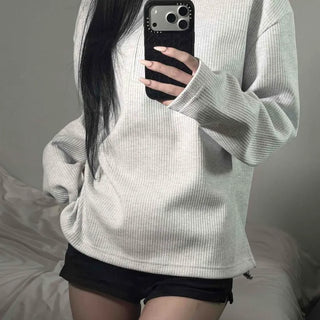 Turtleneck Waffle Button Loose Fit Crop Long Sleeve T-shirt