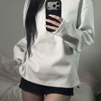 Turtleneck Waffle Button Loose Fit Crop Long Sleeve T-shirt
